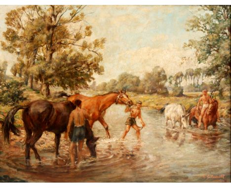 R GOTTSCHALK OIL ON HARDBOARD river landscape scene with horses and figures signed. 42.5 x 53 modern  frame.