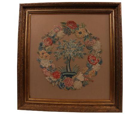 A 18th century Floral embroidered TAPESTRY PICTURE 52cm by 55cm - re-backed and in glazed gilt frame&nbsp;