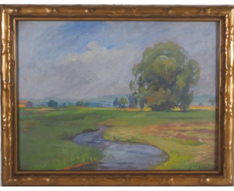 R. Pistorius Impressionistische Landschaft GouacheImpressionistisches Landschaftsgemälde mit Gouache-Technik, unten rechts R.