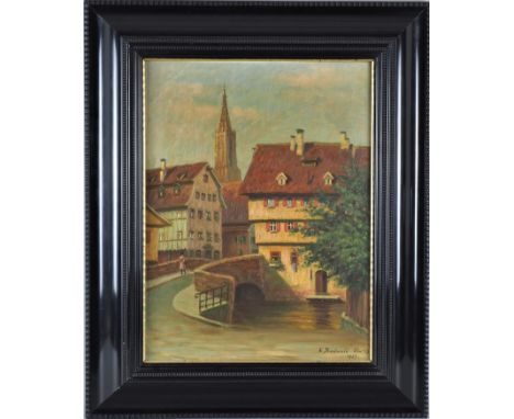 Historische Ansicht Ulm, Fischerviertel - sign. "K. Buchwald", 1929Öl auf Leinwand. Stimmungsvolle Ansicht des Fischerviertel