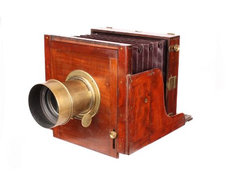 An Unmarked Mahogany Tailboard Camera, posiable Fallowfields, 20x24cm with Fallowfield No.5 brass lens, serial no. 1213, body