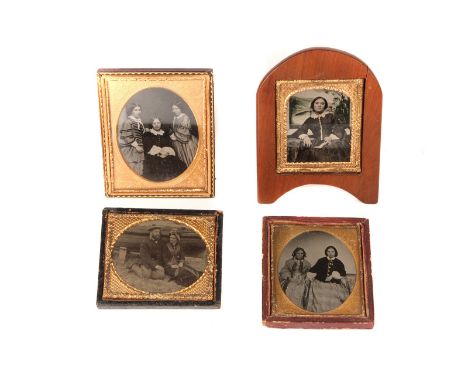 Sixth-Plate Portrait Ambrotypes: various ladies and tintype of lady and gentleman kneeling on beach by rowing boat, he wearin