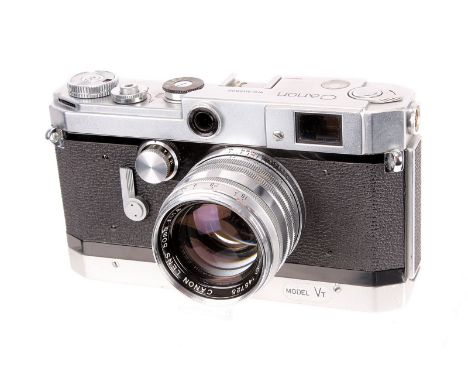 A Canon VT Rangefinder Camera, chrome, serial no. 502005, with Canon f/1.8 50mm lens, chrome, serial no. 145725, body, G-VG, 