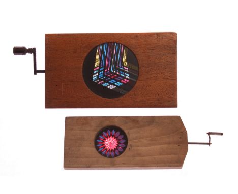 Wood-mounted Magic Lantern Slides: hand cranked rotary kaleidoscope slides, mahogany (1), white wood (2), various sizes, G (3
