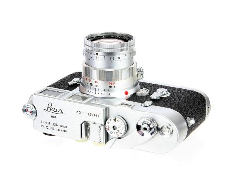 A Leica M3 Rangefinder Camera, 1965, chrome, serial no. 1105867, with Leitz Summicron f/2 50mm lens, 1958, chrome, serial no.