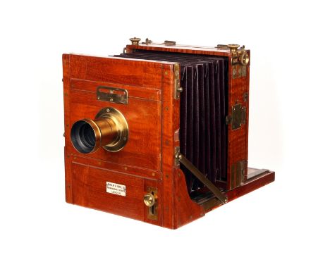 A Barclay & Sons Mahogany Tailboard Camera, with brass bound corners, 4¾x6½, with Extra Rapid Rectalinear f/8 6½x4¾ Waterhous