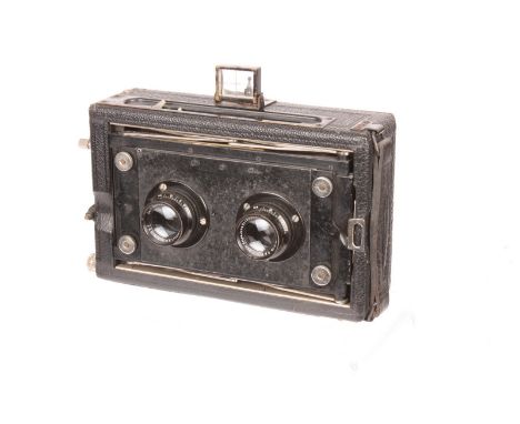 A Klopcic Stereo Camera, 6x13cm, with Carl Zeiss Jena Tessar f/6.3 120mm lenses, serial nos. 180560 / 180556, body, G-VG, wil
