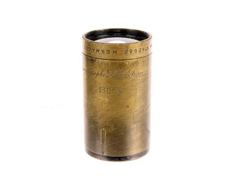 A Hermagis Cinematographes Pathé Freres 130mm Cine Lens, brass bound, serial no. 42688, body, G-VG, elements, G-VG, some ligh