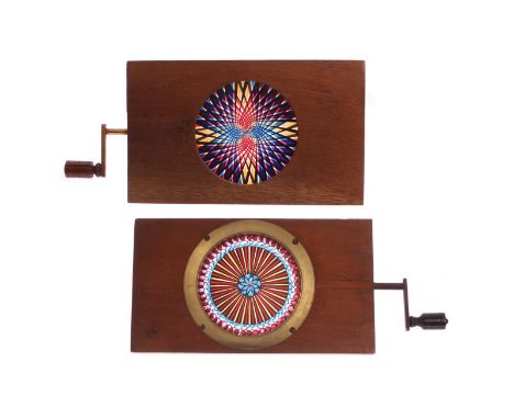 Mahogany-mounted Magic Lantern Slides: hand cranked rotary kaleidoscope slides, 177 x 100mm, stamped ‘Cox, 26 Ludgate Hill, L