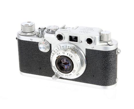 A Leica IIIf Black Dial Rangefinder Camera, 1951, chrome, serial no. 568808, with Leitz Elmar f/3.5 50mm lens, 1949, chrome, 