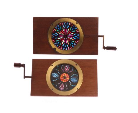 Mahogany-mounted Magic Lantern Slides: hand cranked rotary kaleidoscope slide, stamped ‘Cox, 26 Ludgate Hill, London’, 178 x 