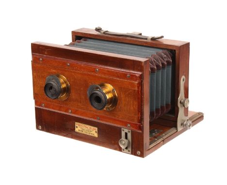 A Dr. Winzer & Co. Mahogany Stereo Tailboard Camera, with tilting rear back, 9x17cm, with unmarked rotary wheel stop brass le