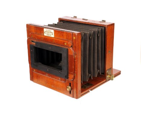 The Standard Stereoscopic Company Mahogany Stereo Tailboard Camera, 4½x6¼, with unmarked aluminium lenses, in Thornton Pickar