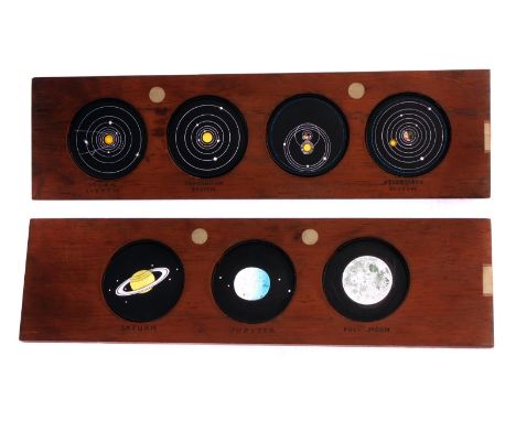 Mahogany-mounted Magic Lantern Slides: coloured astronomical slides, three or four circular images to each slide, including t