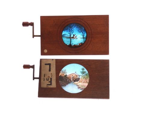 Mahogany-mounted Magic Lantern Slides: hand crank rotary slides of watermill with rotating wheel and windmill with turning sa