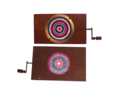 Mahogany-mounted Magic Lantern Slides: hand cranked rotary kaleidoscope slides, 180 x 115mm and 178 x 100mm, G (2) 