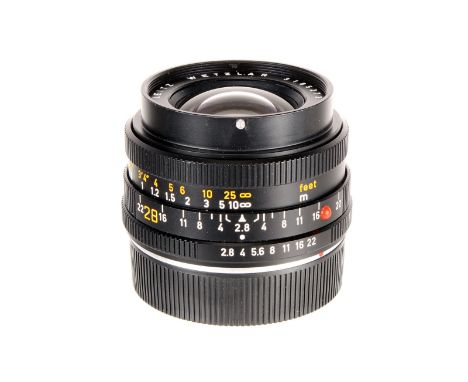 A Leitz Elmarit-R f/2.8 28mm Lens, black, serial no. 3185273, body, VG-E, elements, VG, some light internal haze, with maker’