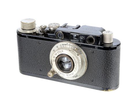 A Leica II Rangefinder Camera, 1932, lavatory seat model, black, serial no. 83750, with Leitz Elmar f3.5 50mm lens, nickel, s