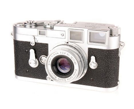 A Leica M3 DS Rangefinder Camera, 1956, chrome, serial no. 843936, with Leitz Elmar f/2.8 50mm lens, 1958, SM in M adapter, c