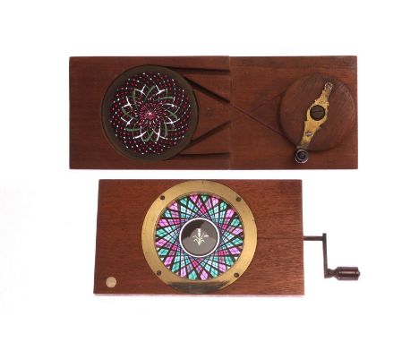 Mahogany-mounted Magic Lantern Slides: hand crank rotary slides, central roundel with kaleidoscopic perimeter - Queen Victori