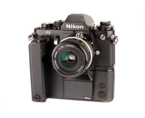 A Nikon F3 SLR Camera, black, serial no. 1346901, with AI f/2.8 35mm lens, black, serial no. 454609, body, G, lens, VG, some 