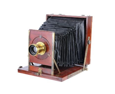 An Unmarked Mahogany Field Camera, by W. Whiteley, 6¼x8¼”, with W. Whiteley 7x5 Rapid Rectilinear Waterhouse-stop brass lens,