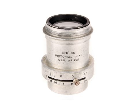 A Struss Pictorial f/3.5 9” Lens, aluminium, serial no. 721, body, G, element, VG, some very light marks to element, with add