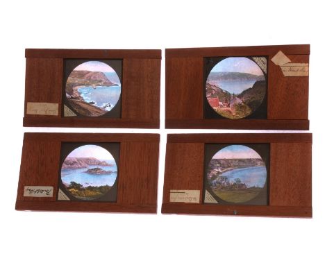 Mahogany-mounted Magic Lantern Slides: coloured photographic topographical slides, various sizes, F-G (17) 