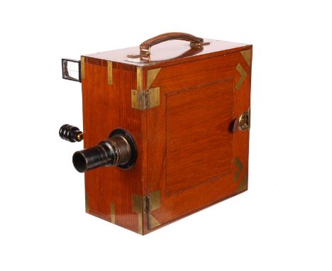 An Ensign Cinematograph Tropical 35mm Hand-Crank Camera, serial no. 343, c1914, polished brass bound teak, with Aldis-Butcher