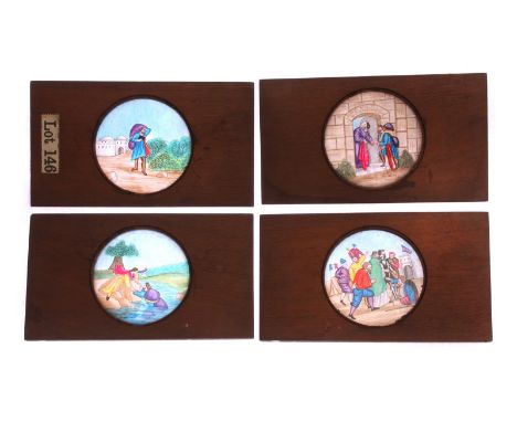 Mahogany-mounted Magic Lantern Slides: set of story slides, possibly medieval religious quest, hand coloured, 177 x 101mm, G 