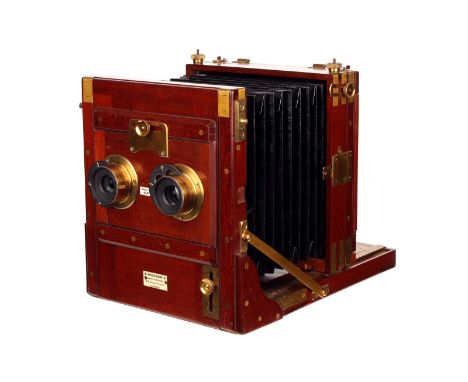 A W. Watson & Sons Mahogany Stereo Tailboard Camera, with brass bound corners, 4½x6¾”, with Wray Rapid Rectilinear f/8 5½” ro