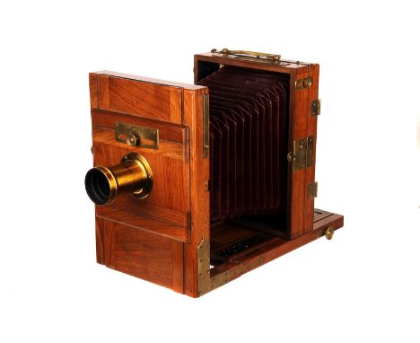 An Unmarked French Mahogany Tailboard Camera, 5x7”, with Derogy Aplanat No.3 Waterhouse-stop brass lens, body, G-VG, lens, VG