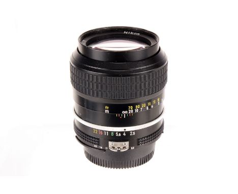 A Nikon AI f/2.5 105mm Lens, black, serial no. 894218, body, G-VG, elements, VG-E, some light dust 