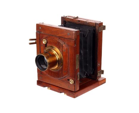 An Early J. Lancaster Instantograph Mahogany Quarter-Plate Camera, 3x4”, with unmarked f/8 brass lens, body, G, lens, VG, wit