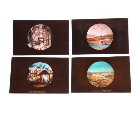Mahogany-mounted Magic Lantern Slides: topographical colour slides, some hand painted, including North Pole, 168 x 106mm, P-F