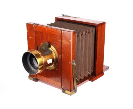 An Unmarked Mahogany Tailboard Camera, 6x6”, with unmarked Waterhouse-Stop brass lens, body, G, lens, G-VG, some light haze t