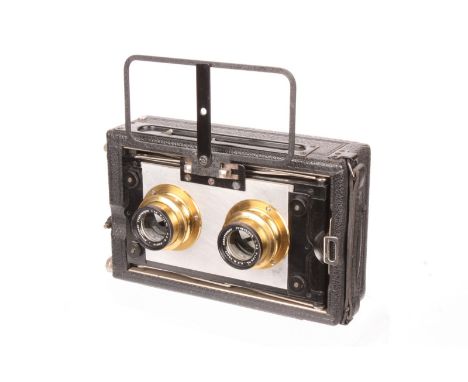 A Klopcic Stereo Camera, 6x13cm, with A.F.R Anastigmat Symmetrique f/6.8 135mm lenses, serial nos. 228 / 274, body, VG, shutt