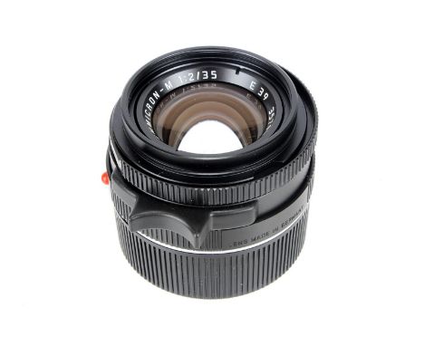 A Leitz Summicron-M f/2 35mm Lens, 1991, E39, black, serial no. 3579412, body, E, elements, E, with maker’s lens hood and cap