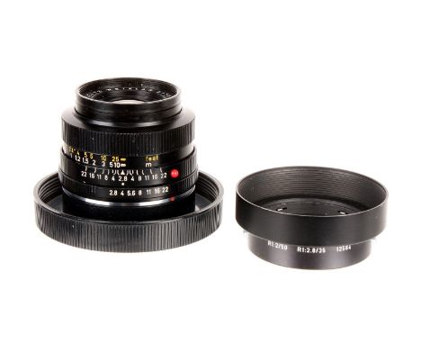 A Leitz Elmarit-R f/2.8 35mm Lens, black, serial no. 2178130, body, G-VG, elements, G, some internal haze, with maker’s hood 