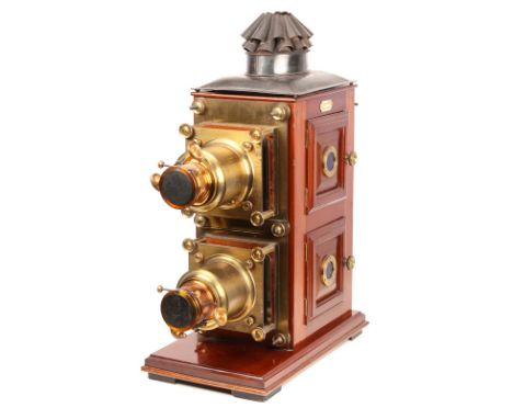 A J. Lancaster & Son Biunial Magic Lantern, mahogany body with laquered brass fittings, original tinplate lining and star dis