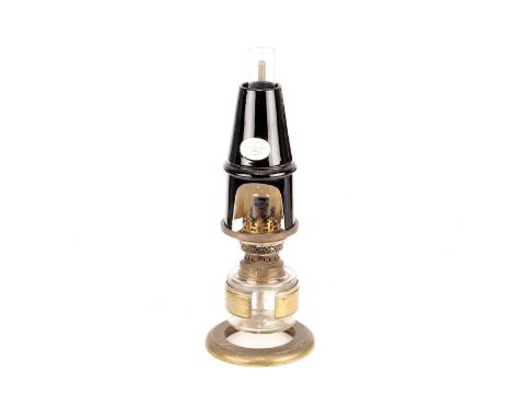 A 19th Century lacquered brass James Swift Microscope Lamp, with black and white ceramic shade, 330mm high, G 