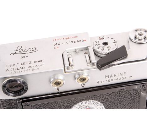 A Leica M4 Rangefinder Body, chrome, serial no. 1178580, body, F-G, shutter working, shutter not working; engraving to rear o