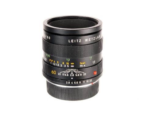 A Leitz Macro-Elmarit-R f/2.8 60mm Lens, black, serial no. 3064989, body, G-VG, elements, VG, some light internal haze, in ma