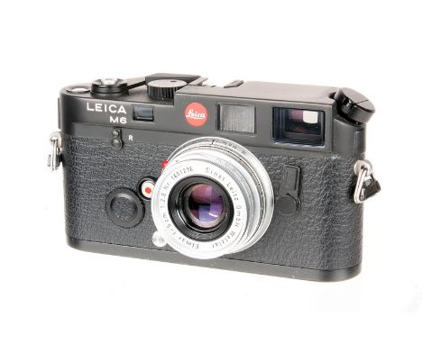 A Leica M6 Rangefinder Camera, 1991, black, serial no. 1906487, with Leitz Elmar f/2.8 50mm lens, 1958, chrome, serial no. 16