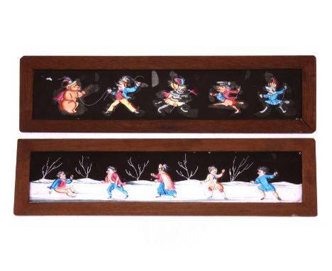Mahogany-mounted Magic Lantern Slides: comic characters, hand painted, 254 x 65mm, in wooden box, lid missing, G (11) 