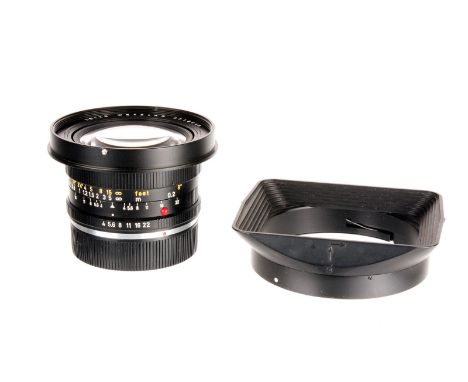 A Leitz Super-Angulon-R f/4 21mm Lens, black, serial no. 2318446, body, E, elements, VG, some light internal haze, with maker