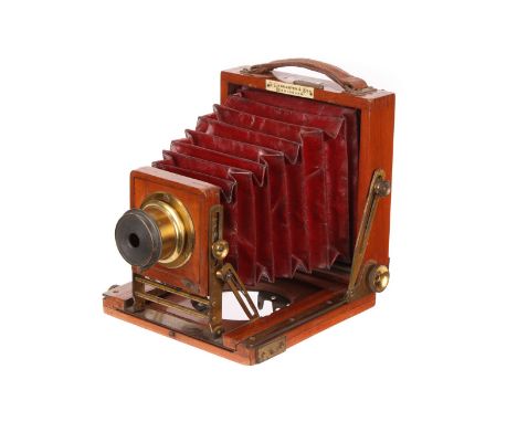 A Lancaster Karmet Mahogany Quarter-Plate Camera, 3x4”, with unmarked brass lens, body, G, lens, VG 