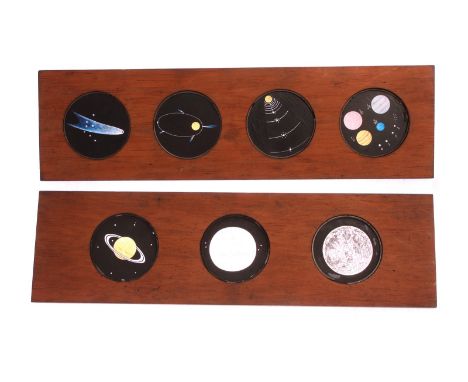 Mahogany-mounted Magic Lantern Slides: Cox, London, astronomical slides with stamped numbers to top, 1-4 and 6-11, hand paint