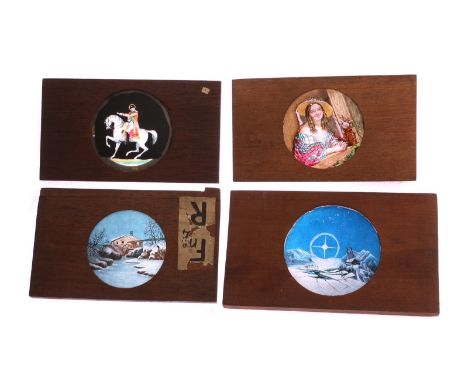 Mahogany-mounted Magic Lantern Slides: various slides, including North Pole with trapped ship, Napoleon, Napoleon III, water 