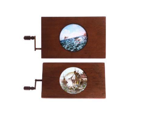 Mahogany-mounted Magic Lantern Slides: lifeboat rescue scene mechanical slide with rotary oscillating sea action, hand colour
